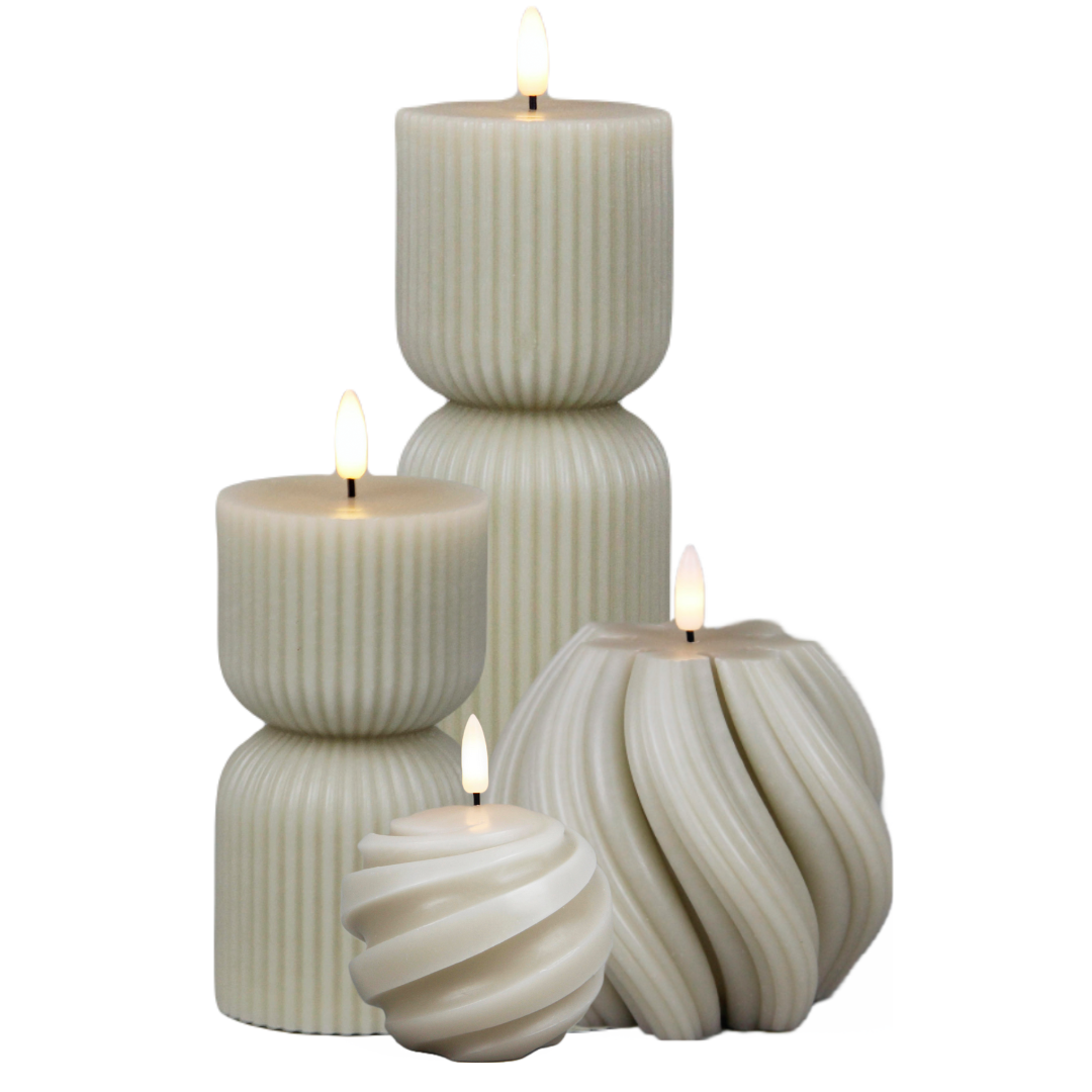 JUNO ledkaars ledkaarsen beige set hoge ribbel ronde swirl twist gedraaid organisch timer
