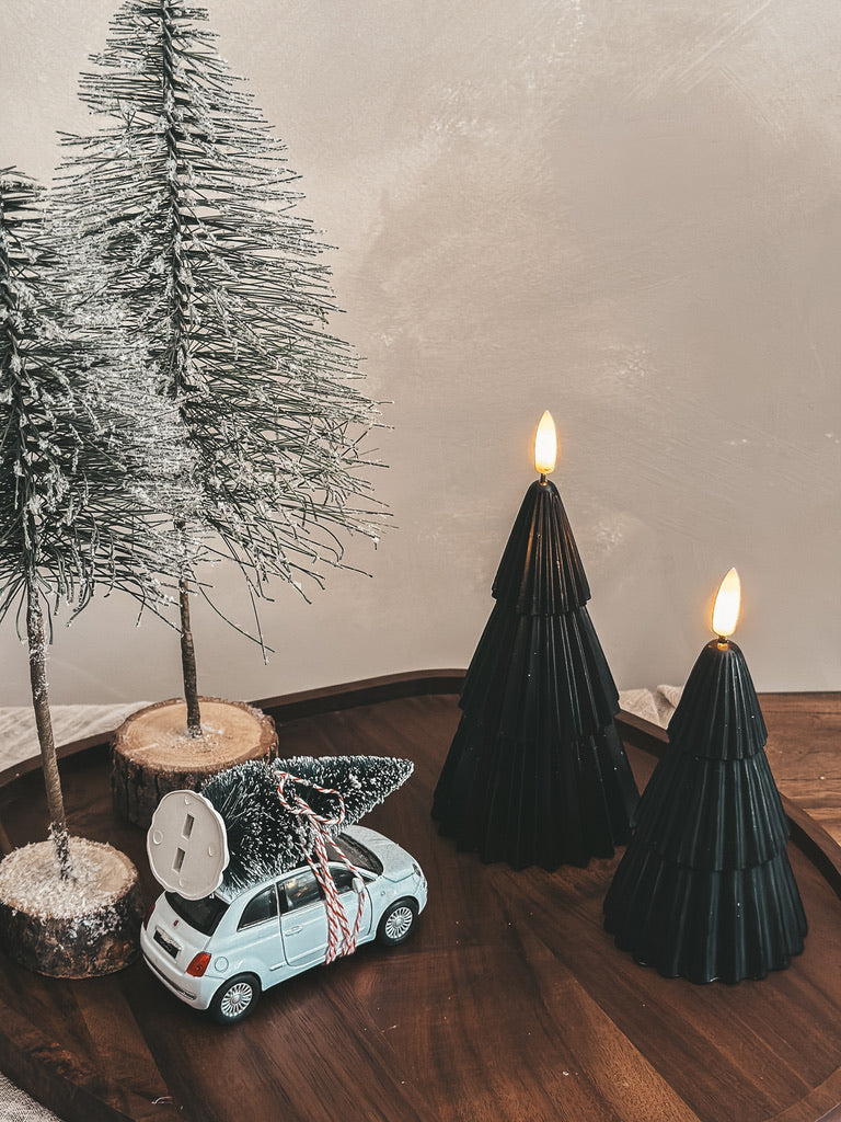 JUNO ledkaars led kaarsen zwart set kerstboom kaars kerst timer houten dienblad